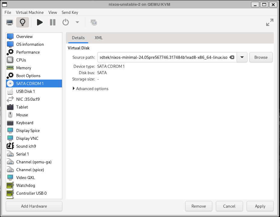 virt-manager interface for SATA CDROM with NixOS 24.05 Minimal Installer Loaded